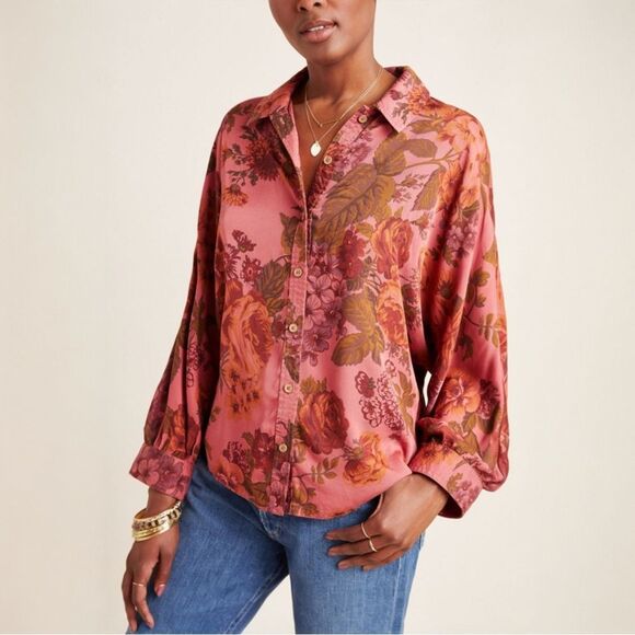 Anthropologie Halie Dolman Sleeve Buttondown Blouse Pink Rust Floral Size Small - Picture 1 of 13